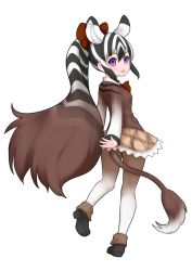 Rule 34 | 10s, 1girl, :d, animal ear fluff, black hair, brown hair, empty eyes, extra ears, from behind, full body, gradient hair, gradient legwear, hair between eyes, hair ribbon, ise (0425), kemono friends, long hair, long sleeves, looking at viewer, looking back, multicolored clothes, multicolored hair, multicolored legwear, open mouth, pantyhose, plaid, plaid skirt, pleated skirt, ponytail, purple eyes, quagga (kemono friends), quagga ears, quagga tail, red ribbon, ribbon, shoes, simple background, skirt, smile, solo, standing, standing on one leg, tail, very long hair, white background, white hair