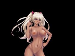Rule 34 | 1girl, breasts, curvy, dark-skinned female, dark skin, expressionless, female focus, kagami hirotaka, kangoku senkan, kangoku senkan 3, kila kushan, large breasts, lilith-soft, long hair, looking at viewer, mind control, nipples, no pussy, nude, pink eyes, puffy nipples, shiny skin, simple background, solo, thick thighs, thighs, tsundere, twintails, upper body, wide hips