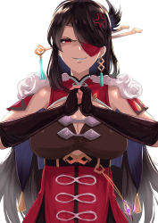 Rule 34 | 1girl, amulet, anger vein, artist request, beidou (genshin impact), black hair, breasts, capelet, china dress, chinese clothes, cleavage, cleavage cutout, clothing cutout, dress, earrings, eyepatch, fingerless gloves, fist in hand, fur trim, genshin impact, gloves, grin, hair ornament, hairpin, highres, jewelry, large breasts, long hair, looking at viewer, parted lips, red capelet, red dress, red eyes, shiny clothes, shiny skin, simple background, single earring, skin tight, sleeveless, sleeveless dress, smile, solo, tassel, very long hair, white background