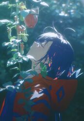 Rule 34 | 1girl, absurdres, blue hair, blue jacket, blue shirt, blurry, blurry background, breasts, closed eyes, closed mouth, colored inner hair, commentary request, facing up, foliage, from side, head back, highres, hood, hooded jacket, jacket, kamitsubaki studio, key, konya karasue, lock, multicolored clothes, multicolored hair, multicolored jacket, photo-referenced, pitcher plant, plant, profile, red hair, red jacket, rim (kamitsubaki studio), shirt, small breasts, solo, two-tone jacket, upper body, virtual youtuber