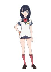 Rule 34 | 1girl, black hair, black skirt, blue eyes, bow, bowtie, breasts, cardigan, closed mouth, expressionless, frown, full body, gridman universe, gridman universe (film), hand on own hip, highres, long bangs, long hair, looking at viewer, microskirt, official alternate costume, orange scrunchie, pleated skirt, red bow, red bowtie, red socks, school uniform, scrunchie, shirt, skirt, small breasts, socks, solo, ssss.gridman, sweater, takarada rikka, thighs, white background, white cardigan, white sweater, wrist scrunchie, yoshi (moco1)