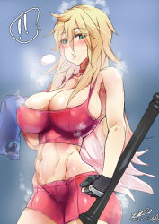 Rule 34 | !, !!, 1girl, 3000won, areola slip, armpits, bad id, bad pixiv id, blonde hair, blush, breasts, cleavage, closers, green eyes, large breasts, looking at viewer, open mouth, short shorts, shorts, solo, soma (closers), speech bubble, sweat, tank top, towel, wwwazxc