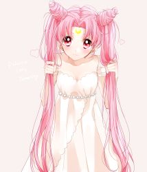 Rule 34 | 1girl, aged up, bishoujo senshi sailor moon, character name, chibi usa, cone hair bun, crescent, crescent facial mark, double bun, dress, facial mark, forehead mark, hair bun, hanasato (okashino), heart, highres, holding, holding own hair, long hair, messy hair, pink hair, red eyes, small lady serenity, smile, solo, strapless, strapless dress, twintails, white background, white dress