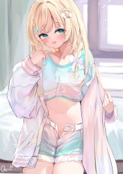 Rule 34 | 1girl, absurdres, blonde hair, blue eyes, blue shirt, blue shorts, blush, breasts, cropped shirt, hair ornament, highres, hololive, jacket, kazama iroha, kazama iroha (streetwear), leaf hair ornament, letterman jacket, looking at viewer, navel, official alternate costume, open fly, open mouth, pink jacket, reitou mkn, shirt, short shorts, shorts, small breasts, smile, virtual youtuber
