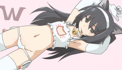 Rule 34 | 1girl, :p, arms up, bell, black hair, bra, brown eyes, cat cutout, cat ear panties, cat lingerie, choker, cleavage cutout, closed mouth, clothing cutout, flat chest, frilled bra, frills, girls und panzer, gloves, groin, hairband, half-closed eyes, long hair, looking at viewer, lowleg, lowleg panties, lying, meme attire, navel, neck bell, on back, panties, pink background, reizei mako, side-tie panties, simple background, smile, solo, string panties, tewarusa, thighhighs, tongue, tongue out, underwear, underwear only, white bra, white choker, white gloves, white hairband, white thighhighs