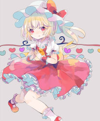 Rule 34 | 1girl, alternate wings, ascot, back bow, bloomers, bobby socks, bow, flandre scarlet, foot out of frame, frilled shirt collar, frilled skirt, frilled sleeves, frills, grey background, hair between eyes, hat, hat bow, hat ribbon, hiyuu (hiyualice), large bow, long hair, looking at viewer, mary janes, mob cap, multicolored wings, one side up, own hands together, puffy short sleeves, puffy sleeves, red bow, red eyes, red footwear, red ribbon, red skirt, red vest, ribbon, shirt, shoes, short sleeves, simple background, skirt, sleeve ribbon, socks, solo, steepled fingers, touhou, underwear, vest, white bloomers, white hat, white shirt, white socks, wings, wrist cuffs, yellow ascot, yellow bow