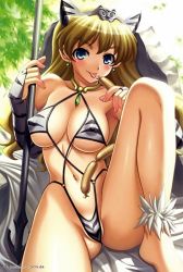 Rule 34 | blonde hair, covered erect nipples, elina (queen&#039;s blade), food, higuchi isami, official art, polearm, queen&#039;s blade, sausage, see-through, slingshot swimsuit, spear, swimsuit, weapon