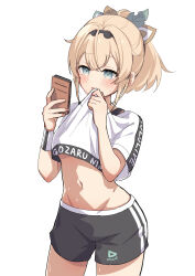 Rule 34 | 1girl, aqua eyes, black shorts, black undershirt, blonde hair, blush, brat (brabrabrat00), breasts, cellphone, character name, clothes lift, commentary request, copyright name, cropped shirt, crossed bangs, highres, holding, holding phone, hololive, hololive dance practice uniform, kazama iroha, lifted by self, medium hair, navel, official alternate costume, phone, ponytail, shirt, shirt lift, short shorts, short sleeves, shorts, simple background, small breasts, smartphone, solo, stomach, sweat, virtual youtuber, white background, white shirt, wiping sweat, wristband