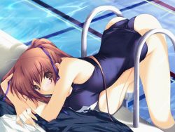 Rule 34 | 1girl, ass, blush, breast rest, breasts, brown eyes, brown hair, dead or alive, from above, iizuki tasuku, kasumi (doa), large breasts, looking at viewer, name tag, one-piece swimsuit, parted lips, pool, pool ladder, poolside, ribbon, school swimsuit, solo, swimsuit, top-down bottom-up, wallpaper, water, wet