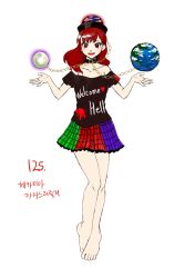Rule 34 | 1girl, absurdres, bare legs, barefoot, black shirt, blue skirt, chain, clothes writing, collar, collarbone, commentary request, derivative work, earth (ornament), full body, gold chain, green skirt, hecatia lapislazuli, highres, korean commentary, kuya (hey36253625), legacy of lunatic kingdom, looking at viewer, medium hair, moon (ornament), multicolored clothes, multicolored skirt, off-shoulder shirt, off shoulder, open mouth, plaid, plaid skirt, red eyes, red hair, red skirt, shirt, short sleeves, simple background, skirt, t-shirt, toes, touhou, translation request, white background