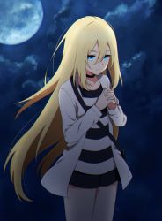 Rule 34 | 1girl, absurdres, annno ans, black choker, black shorts, blonde hair, blue eyes, choker, closed mouth, cloud, cloudy sky, collarbone, cowboy shot, full moon, hair between eyes, highres, jacket, long hair, moon, night, open clothes, open jacket, own hands clasped, own hands together, rachel gardner, satsuriku no tenshi, shirt, short shorts, shorts, sky, solo, standing, straight hair, striped clothes, striped shirt, very long hair, white jacket