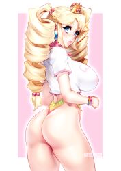 Rule 34 | 1girl, absurdres, artist name, ass, bimbo peach, blonde hair, blue eyes, border, borrowed design, bracelet, collar, covered erect nipples, cowboy shot, crown, drill hair, earrings, from behind, highleg, highres, jewelry, long hair, looking at viewer, looking back, mario (series), nintendo, phloxberry, pink background, princess peach, print shirt, shirt, short sleeves, solo, spiked collar, spikes, twin drills, twintails, white border, white shirt