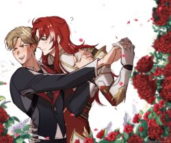 2boys ? ahoge argenti_(honkai:_star_rail) armor artist_name averting_eyes black_jacket black_necktie blonde_hair blurry blurry_foreground blush breastplate brown_eyes closed_mouth collared_shirt commentary dancing embarrassed english_commentary falling_petals flower gauntlets gold_trim green_eyes hair_between_eyes hair_intakes hand_on_another&#039;s_waist hand_up highres holding_hands honkai:_star_rail honkai_(series) interlocked_fingers jacket lapels lavender_(flower) long_hair long_sleeves looking_at_another looking_back male_focus multicolored_hair multiple_boys necktie open_mouth parted_bangs pauldrons petals praw_xd purple_flower red_flower red_hair red_rose red_shirt rose rose_petals shirt short_hair shoulder_armor sidelocks signature simple_background smile sparkle sweat teeth twitter_username upper_teeth_only vambraces velite_(honkai:_star_rail) white_background white_hair white_shirt wing_collar yaoi