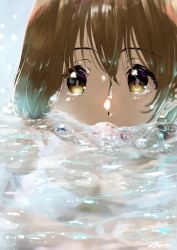Rule 34 | 1girl, absurdres, bad id, bad pixiv id, breasts, brown eyes, brown hair, cleavage, face, hair between eyes, highres, hirasawa yui, k-on!, mouth under water, partially submerged, short hair, swimming, swimsuit, verse, water, wet, wet hair