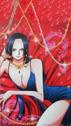 Rule 34 | 1girl, absurdres, black hair, blue eyes, boa hancock, breasts, calendar, cleavage, dress, earrings, female focus, highres, jewelry, large breasts, legs, lipstick, long hair, makeup, necklace, official art, one piece, smile, solo, thighs