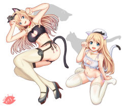 Rule 34 | 2girls, alternate costume, animal band panties, animal cutout, animal ear legwear, animal ears, artist logo, ass, bell, blonde hair, blue eyes, blush, bra, breasts, cameltoe, cat, cat cutout, cat ear legwear, cat ear panties, cat ears, cat lingerie, cat tail, choker, cleavage, cleavage cutout, clothing cutout, collarbone, commentary request, crown, dated, frilled bra, frills, full body, garter belt, garter straps, gluteal fold, groin, hat, high heels, jervis (kancolle), jingle bell, kantai collection, kemonomimi mode, large breasts, long hair, medium breasts, meme attire, mini crown, moke ro, multiple girls, navel, neck bell, open mouth, panties, paw pose, paw print, pinup (style), red soles, sailor hat, shoes, side-tie panties, silhouette, simple background, sitting, smile, tail, thighhighs, underwear, underwear only, wariza, warspite (kancolle), white background, white bra, white headwear, white legwear, white panties