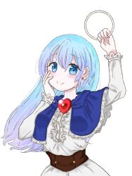 Rule 34 | 1girl, blue capelet, blue eyes, blue hair, capelet, center frills, closed mouth, earrings, frills, heart, heart earrings, holding hoop, jewelry, kayano (kyn soto), kumoi ichirin, long hair, long sleeves, looking at viewer, no headwear, sash, simple background, smile, solo, touhou, upper body, white background