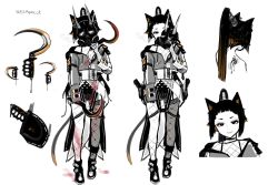 Rule 34 | 1girl, absurdres, animal ear fluff, animal ears, asymmetrical legwear, bikini, bikini top only, blood, blood on clothes, blood on leg, bloody weapon, boots, bsapricot, cat ears, closed mouth, garter straps, gas mask, greyscale, high ponytail, highres, holding, holding weapon, horned mask, horns, jacket, kama (weapon), lace, lace-trimmed legwear, lace trim, long hair, long sleeves, looking at viewer, mask, mismatched legwear, monochrome, multicolored hair, multiple views, off shoulder, oni horns, open clothes, open jacket, original, pelvic curtain, ponytail, sickle, simple background, sleeves past fingers, sleeves past wrists, smile, standing, swimsuit, tattoo, thighhighs, twitter username, two-tone hair, weapon, white background