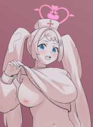 Rule 34 | 1girl, bandaid, bandaid hair ornament, blue archive, blue eyes, blush, breasts, clothes lift, flashing, hair ornament, halo, hanae (blue archive), hat, highres, inverted nipples, large breasts, long hair, monochrome, navel, no bra, nurse cap, one breast out, open mouth, pill hair ornament, simple background, smile, solo, spot color, sweater, sweater lift, tsuguu, twintails, upper body, very long hair