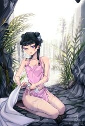 Rule 34 | 1girl, bare shoulders, black hair, blunt bangs, breasts, brown footwear, chinese clothes, dudou, hair ornament, highres, kusuriya no hitorigoto, long hair, looking at viewer, maomao (kusuriya no hitorigoto), outdoors, parted lips, pelvic curtain, pink shirt, purple eyes, shirt, side-tie loincloth, signature, small breasts, solo, trduchess, wet, wet clothes, wringing