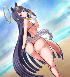 Rule 34 | 1futa, animal ears, ass, bare shoulders, beach, bikini, blonde hair, blue sky, blush, cowboy shot, cup, day, drinking straw, feathered wings, flat chest, from behind, futanari, gloves, highres, hololive, hololive english, holomyth, huge ass, huge penis, jadf, large testicles, long hair, looking back, low wings, micro bikini, multicolored hair, ninomae ina&#039;nis, ocean, outdoors, penis, pointy ears, purple bikini, purple eyes, purple gloves, purple hair, shiny skin, sky, solo, standing, swimsuit, tentacle hair, testicles, tiara, two-tone hair, uncensored, veins, veiny penis, very long hair, virtual youtuber, wings