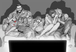 Rule 34 | 2girls, 3boys, barefoot, barret wallace, blue eyes, cloud strife, couch, denzel (ff7), eating, final fantasy, final fantasy vii, final fantasy vii remake, food, gloves, highres, long hair, marlene wallace, multiple boys, multiple girls, popcorn, red eyes, short hair, spiked hair, spykeee, square enix, tank top, tifa lockhart