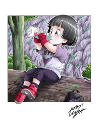 Rule 34 | 1girl, bag, black eyes, black hair, bottle, bush, child, commentary request, day, dragon ball, dragon ball super, dragon ball super super hero, drinking, fingerless gloves, gloves, highres, moss, mountain, outdoors, pan (dragon ball), pants, purple pants, red footwear, shirt, short hair, short sleeves, solo, tree, water, water bottle, young jijii