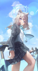 Rule 34 | 1girl, absurdres, animal ear fluff, animal ears, bicycle, blue archive, blue eyes, blue halo, blue scarf, blue sky, blush, closed mouth, cloud, commentary request, day, feet out of frame, frown, grey skirt, halo, highres, hone (hone art), jacket, lens flare, long sleeves, looking at viewer, open clothes, open jacket, outdoors, plaid, plaid skirt, scarf, school uniform, shiroko (blue archive), shirt, skirt, sky, solo, standing, white shirt, wolf ears