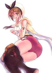 Rule 34 | 1girl, artist request, ass, atelier (series), atelier ryza, belt, black footwear, black ribbon, blush, boots, breasts, brown eyes, brown hair, gloves, hair ornament, hairclip, hat, highres, jewelry, large breasts, legs, looking at viewer, lying, necklace, on side, open mouth, red shorts, reisalin stout, ribbon, short hair, short shorts, shorts, simple background, single glove, skindentation, smile, solo, star (symbol), star necklace, thick thighs, thigh boots, thighhighs, thighs, white background, white hat, white thighhighs