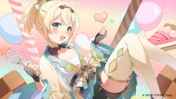 Rule 34 | 1girl, aqua eyes, balloon, black gloves, blonde hair, blush, cake, cake slice, chest sarashi, commentary request, company name, crossed bangs, finger heart, fingerless gloves, food, gloves, hana mori, haori, heart, highres, holding, holding whisk, hololive, japanese clothes, kazama iroha, kazama iroha (1st costume), looking at viewer, official art, open mouth, ponytail, sarashi, sidelocks, solo, teeth, thighhighs, upper teeth only, virtual youtuber, whisk, white thighhighs, wide sleeves
