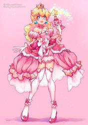 Rule 34 | 1girl, akuo, alternate costume, ankle garter, bare shoulders, blonde hair, blue eyes, bow, bow legwear, bowtie, breasts, cleavage, closed mouth, collar, commentary, crown, detached collar, detached sleeves, dress, english commentary, eyelashes, frilled collar, frilled dress, frilled garter, frills, full body, gloves, gold headwear, hair ornament, heart, heart hair ornament, heart print, high heels, holding, holding wand, instagram username, lace, lace-trimmed dress, lace trim, layered dress, lipstick, long hair, looking at viewer, magical girl, makeup, mario (series), mini crown, nintendo, pink background, pink bow, pink bowtie, pink collar, pink dress, pink footwear, pink garter, pink lips, princess peach, puffy short sleeves, puffy sleeves, shadow, short sleeves, sleeveless, sleeveless dress, small breasts, smile, sparkle, sparkling eyes, star (symbol), star ornament, super mario bros. 1, thighhighs, twitter username, waist bow, wand, white gloves, white thighhighs, zettai ryouiki