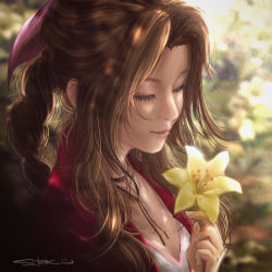 Rule 34 | 1girl, aerith gainsborough, bow, brown hair, choker, closed mouth, dappled sunlight, closed eyes, final fantasy, final fantasy vii, final fantasy vii remake, flower, hair bow, hair intakes, highres, holding, holding flower, kirin 13, long hair, pink bow, ribbon choker, signature, smile, solo, square enix, sunlight, upper body, yellow flower