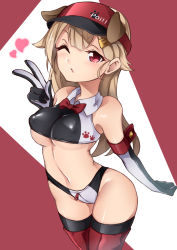 Rule 34 | 1girl, alternate costume, animal ears, asake ameji, bikini, blonde hair, blowing kiss, bow, bowtie, breasts, cowboy shot, detached collar, dog ears, elbow gloves, fake animal ears, gloves, hair flaps, kantai collection, long hair, medium breasts, multicolored clothes, multicolored gloves, one eye closed, race queen, red bow, red bowtie, red eyes, solo, swimsuit, thighhighs, two-tone background, underboob, visor cap, yuudachi (kancolle), yuudachi kai ni (kancolle)