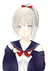 Rule 34 | 1girl, blue eyes, blush, bow, eyes visible through hair, grey hair, hair bow, looking at viewer, lpip, off shoulder, open mouth, original, parted lips, ponytail, purple sailor collar, red bow, sailor collar, school uniform, serafuku, simple background, solo, upper body, white background