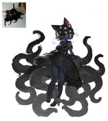 Rule 34 | 1girl, :/, amulet, animal ears, barefoot, black dress, black hair, black ribbon, blue eyes, blue skin, bright pupils, cat ears, cat tail, colored skin, dress, hair ornament, heterochromia, highres, inkcroooow, lace, lace trim, messy hair, multiple tails, naked ribbon, original, personification, photo-referenced, reference inset, ribbon, short hair, sidelighting, silhouette, simple background, sketch, soles, solo, tail, toes, white background, white pupils, yellow eyes