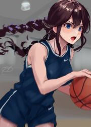 Rule 34 | 1girl, alternate costume, ball, basketball, basketball uniform, blue shorts, blue tank top, braid, brown hair, commentary request, cowboy shot, green eyes, haruto (harut n), kantai collection, logo, long hair, nike (company), noshiro (kancolle), one-hour drawing challenge, open mouth, playing games, shorts, solo, sportswear, swept bangs, tank top, twin braids