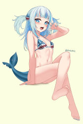 Rule 34 | 1girl, :o, absurdres, barefoot, bikini, bikini top only, birkai, blue bikini, blue eyes, blue hair, blue nails, blunt bangs, blush, bottomless, breasts, fingernails, fins, fish tail, full body, gawr gura, highres, hololive, hololive english, looking at viewer, multicolored hair, nail polish, navel, no panties, open mouth, petite, shark tail, sharp teeth, simple background, sitting, small breasts, solo, swimsuit, tail, teeth, thick thighs, thighs, toes, twitter username, two-tone hair, two side up, virtual youtuber, white hair, yellow background