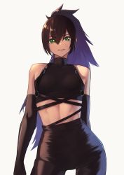 Rule 34 | 1girl, absurdres, bare shoulders, black gloves, black pants, black shirt, blouse, breasts, brown hair, chest harness, commentary request, contrapposto, covered collarbone, cowboy shot, crop top, elbow gloves, gloves, green eyes, halterneck, halterneck, hara kenshi, harness, high-waist pants, highres, linea alba, long hair, looking at viewer, narrow waist, original, pants, parted lips, ponytail, shirt, simple background, small breasts, smile, solo, toned, white background, zone (hara kenshi)