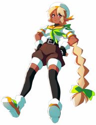 Rule 34 | 1girl, azuumori, belt, black belt, black gloves, black thighhighs, blonde hair, bow, braid, bright pupils, brown shorts, closed mouth, dark-skinned female, dark skin, fang, fang out, full body, gloves, green bow, green neckerchief, hair bow, hands on own hips, hat, long hair, looking at viewer, neckerchief, original, puffy short sleeves, puffy sleeves, red eyes, shirt, shoes, short sleeves, shorts, simple background, single braid, smile, solo, thighhighs, very long hair, white background, white footwear, white hat, white pupils, white shirt