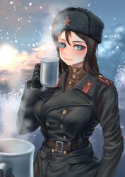 Rule 34 | 1girl, belt, black belt, black coat, black gloves, black hair, black headwear, blue eyes, brown shirt, closed mouth, coat, coffee mug, commentary, cup, epaulettes, fur hat, girls und panzer, gloves, hammer and sickle, hat, highres, holding, holding cup, long hair, looking at viewer, military, mug, nonna (girls und panzer), out of frame, outdoors, pov, shirt, smile, snowing, solo focus, soviet, soviet army, standing, steam, sunrise, swept bangs, tigern (tigern28502735), trench coat, turtleneck, ushanka, world war ii