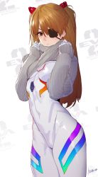 Rule 34 | 1girl, blush, bodysuit, brown eyelashes, brown eyes, closed mouth, clothes lift, commentary request, covered navel, curvy, evangelion: 3.0+1.0 thrice upon a time, eyepatch, grey sweater, hair between eyes, hair ornament, highres, hitomi o, legs together, lifted by self, long hair, long sleeves, looking at viewer, neon genesis evangelion, orange hair, pilot suit, plugsuit, rebuild of evangelion, ribbed sweater, shiny clothes, signature, simple background, skin tight, solo, souryuu asuka langley, standing, sweater, sweater lift, turtleneck, turtleneck sweater, twintails, two side up, white bodysuit