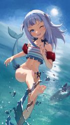 Rule 34 | 1girl, ;d, absurdres, barefoot, beach, blue eyes, blue hair, blush, dutch angle, feet, fins, fish tail, foot out of frame, gawr gura, head tilt, highres, hololive, hololive english, jedd (jeddisorange), long hair, looking at viewer, navel, ocean, one eye closed, open mouth, outdoors, shark tail, sharp teeth, sky, smile, soles, solo, splashing, standing, standing on one leg, swimsuit, tail, teeth, toes, virtual youtuber, water