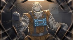 Rule 34 | 1boy, aged down, animal ears, arknights, bara, bulge, chain, chained, cowboy shot, furry, furry male, highres, looking at viewer, male focus, motion lines, mountain (arknights), muscular, muscular male, official alternate costume, orange pants, orange shirt, pants, pectorals, pout, prison clothes, scar, scar across eye, scar on face, shirt, short hair, shoyuna (cai1448331577), solo, tiger boy, tiger ears, torn clothes, torn shirt, white fur, white hair