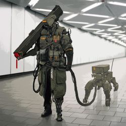 Rule 34 | android, gun, hallway, highres, holding, holding gun, holding weapon, humanoid robot, korean commentary, no humans, original, robot, robot animal, robot dog, science fiction, siku199, standing, weapon, wire