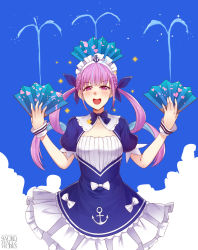 Rule 34 | 1girl, :d, blue background, blue hair, blue nails, blush, bow, braid, colored inner hair, commentary request, dress, english text, folding fan, hair ribbon, hand fan, highres, holding, hololive, kono subarashii sekai ni shukufuku wo!, long hair, looking at viewer, maid headdress, minato aqua, minato aqua (1st costume), multicolored hair, nail polish, name connection, natures beauty, open mouth, pink eyes, pink hair, purple ribbon, ribbon, short sleeves, smile, solo, sparkle, swordwaltz, twintails, two-tone hair, v-shaped eyebrows, virtual youtuber, water, white bow, wrist cuffs