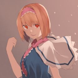 Rule 34 | 1girl, alice margatroid, blue dress, breasts, brown background, capelet, commentary request, cookie (touhou), dress, frilled capelet, frilled hairband, frilled neckwear, frills, hair between eyes, hairband, highres, hinase (cookie), looking at viewer, medium breasts, necktie, open mouth, orange eyes, orange hair, pink hairband, pink necktie, rizeass, short hair, smile, solo, touhou, upper body, white capelet