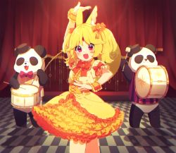 Rule 34 | 1girl, :d, aldin nicola, animal, animal ear fluff, animal ears, arm up, blonde hair, bow, bowtie, brown shirt, checkered floor, commentary request, curtains, drum, drumsticks, flower, forehead jewel, frilled skirt, frills, highres, holding, instrument, long hair, mamyouda, open mouth, panda, puffy short sleeves, puffy sleeves, purple eyes, red bow, red bowtie, red flower, seventh happiness, shirt, short eyebrows, short sleeves, skirt, smile, solo, standing, thick eyebrows, virtual youtuber, wrist cuffs, yellow skirt