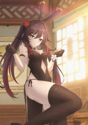 Rule 34 | 1girl, animal ears, bare shoulders, black dress, black gloves, black thighhighs, breasts, brown hair, china dress, chinese clothes, cleavage, clothing cutout, dress, feint721, flower, genshin impact, gloves, half-closed eyes, highres, hu tao (genshin impact), indoors, leg up, looking at viewer, multicolored hair, navel cutout, panties, plum blossoms, rabbit ears, red eyes, red hair, side-tie panties, sleeveless, sleeveless dress, small breasts, solo, string panties, symbol-shaped pupils, thighhighs, thighs, twintails, two-tone hair, underwear, window