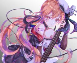 Rule 34 | 1girl, alternate costume, bad id, bad pixiv id, beret, breasts, bridal gauntlets, brown eyes, cleavage, dress, electric guitar, gradient background, grey background, guitar, hat, highres, instrument, johnston (kancolle), kantai collection, light brown hair, long hair, medium breasts, off-shoulder dress, off shoulder, ponytail, sa-ya2, solo, star tattoo, tattoo, two-tone dress, white hat