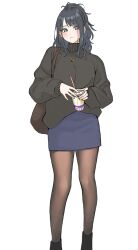 Rule 34 | 1girl, absurdres, alternate costume, black hair, black pantyhose, black sweater, blue skirt, blush, brown bag, casual, cup, disposable cup, dunchy, highres, holding, holding cup, idolmaster, idolmaster shiny colors, kazano hiori, looking at viewer, mcdonald&#039;s, mole, mole under mouth, pantyhose, simple background, skirt, solo, sweater, white background